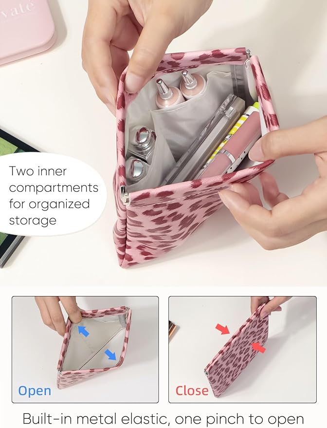Leopard Leather Small Makeup Pouch for Women,Cosmetic Accessories Organizer,Waterproof and Portable Cosmetic Bag,Self-closing, No Zipper, Aesthetic Storage Pouch,Lipstick for Purse,Pink