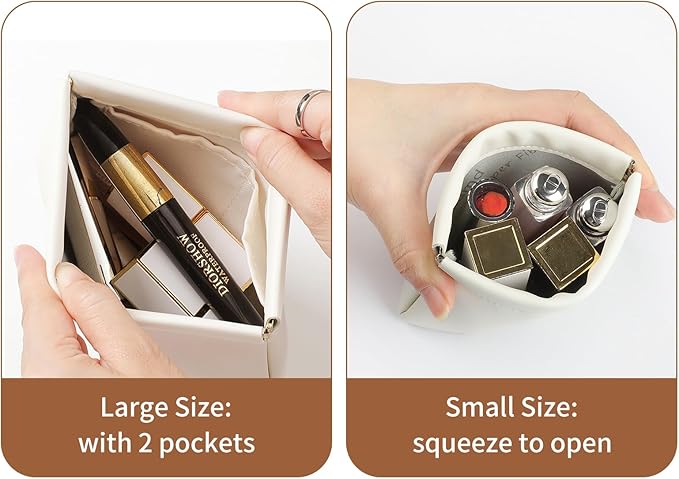 2 Pack Small Makeup Bag for Women, New Organosilicon Super Fiber PU Leather Mini Cosmetic Bag for Travel, Coin Purse Organizer Storage Pouch (Printed with Phrase, Cream)