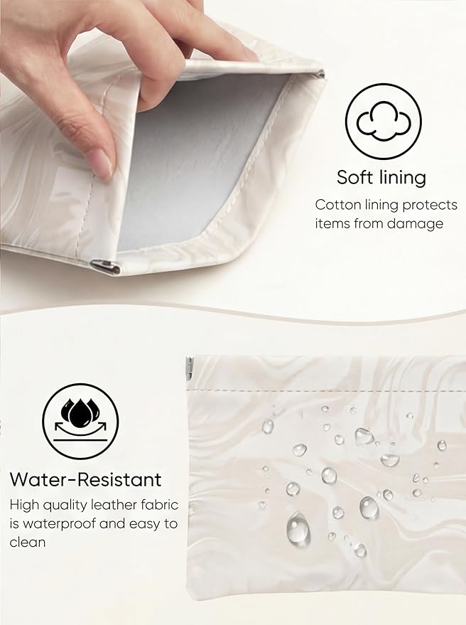 PU Leather Makeup Pouch Set for Women Small Make Up Bag for Purse Waterproof Initial Makeup Cosmetic Bags Pouches for Purse Aesthetic Travel Toiletry Bag,Elegant Wave White