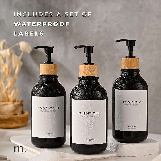 MaisoNovo Refillable Shampoo and Conditioner Bottles - 16.9 fl oz Set of 3 Black Plastic Bottles Black Bamboo Pumps