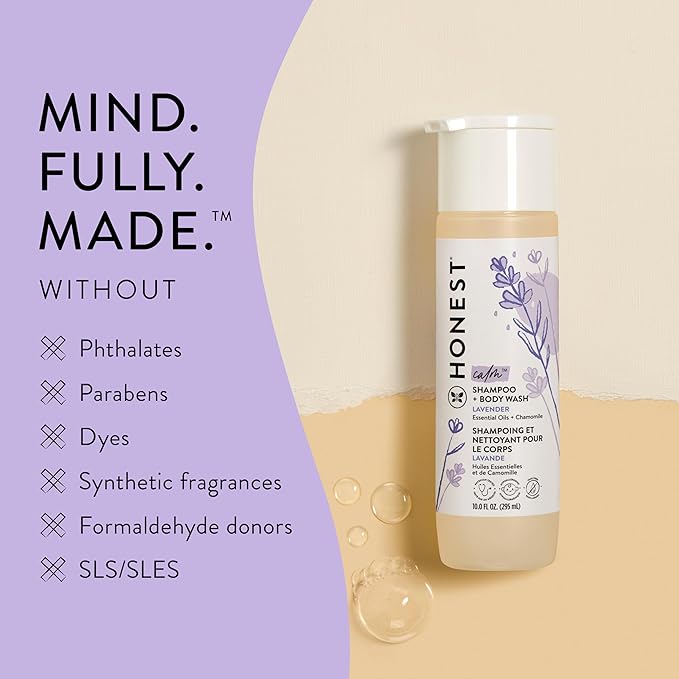 The Honest Company 2-in-1 Cleansing Shampoo Body Wash Gentle for Baby, Naturally Derived, Tear-free, Hypoallergenic, Lavender Calm, 18 fl oz
