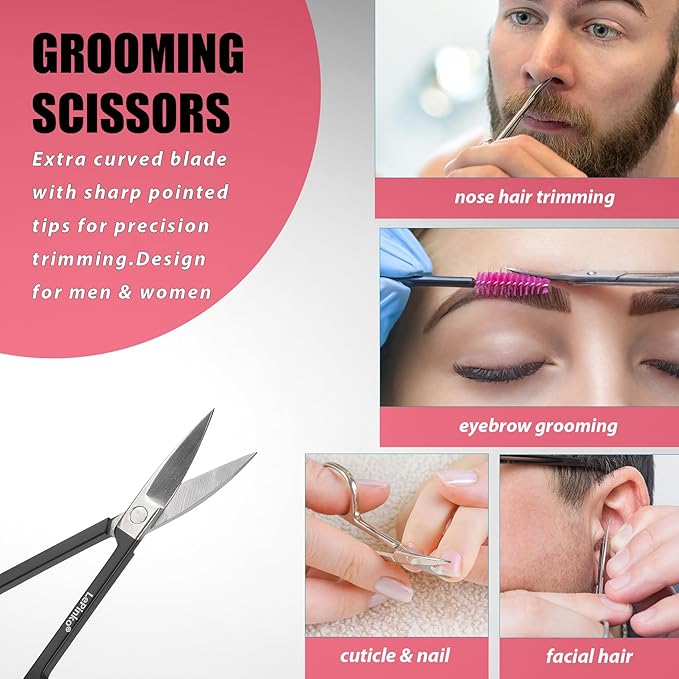 LePinko Eyebrow Trimmer Kit, 7 in 1 Eyebrow Scissors, Tweezer, Razor, Gromming Scissors Brush for Women Men, Gifts for Stocking Stuffers - Black