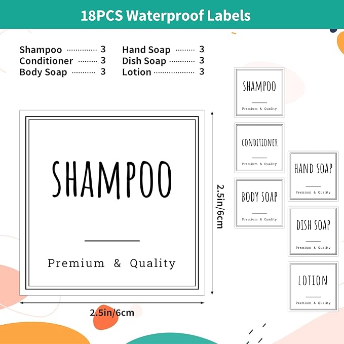 Segbeauty Bathroom Labels for Soap Dispenser, 18pcs 2.5in White Waterproof Removable Self-Adhesive Stickers, Reusable Shampoo Conditioner Hand Soap Lotion Shower Dispenser Bottles Label Stickers