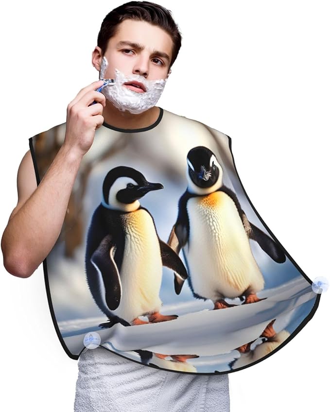 Young Penguins With Snow Print Beard Bib Apron For Men, Beard Hair Catcher For Men Shaving Trimming,Beard Cape Cloth