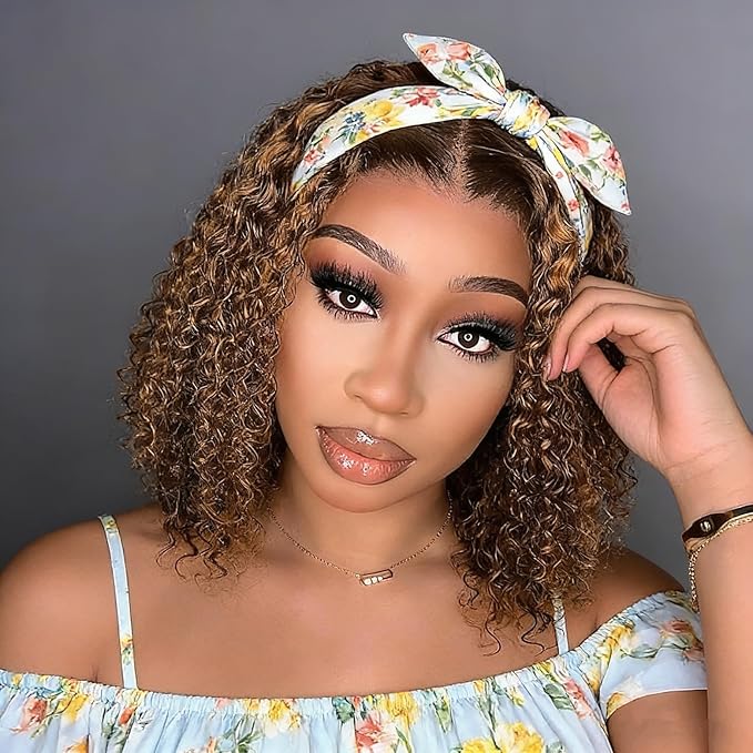 XSY Headband Wig Human Hair Deep Wave Highlight Ombre #4/27 Curly Headband Wig for Black Women Glueless None Lace Fronts Wigs 150% Density 10 Inch