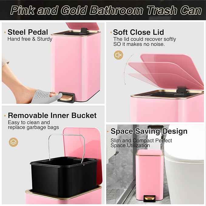 Bathroom Sets with Shower Curtain and Rugs Bathroom Accessories Set Pink Bathroom Set,Shower Curtain Set with Stainless Steel Trash Can
