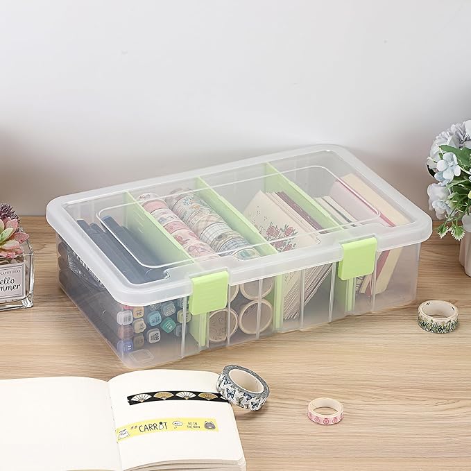 BTSKY Clear Plastic Dividing Storage Box with 4 Compartments Adjustable Storage Bin with Lid Plastic Craft Storage Container Multipurpose Sewing Box Art Supply Organizer, 13.3x8.1x3.4 Inches, Green