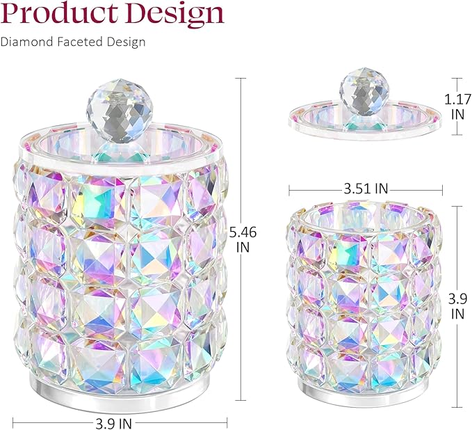 Bathroom Organizers and Storage, Crystal Qtip Holder, Makeup Brush Organizer, Bling Vanity Storage, Bathroom Essentials Accessories Decor for Cotton Balls, Swabs, Floss Picks, Hair Ties.Brushes
