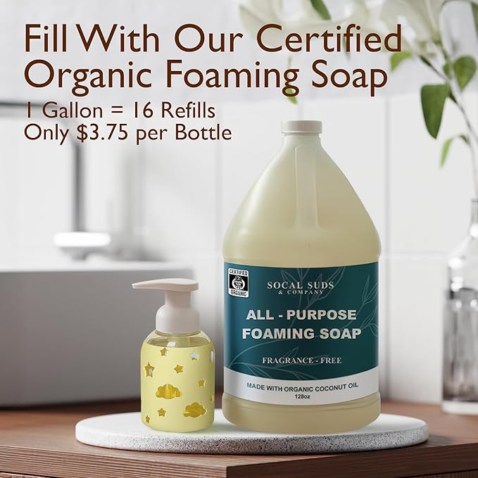 SoCal Suds & Company Foaming Hand Soap Dispenser Glass, Liquid Soap Pump with Cloud & Star Sleeve, Refillable Bottle for Kids, Baby Wash & Shampoo, Ideal for Bathroom & Kitchen Use, Light Yellow, 8oz