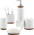 Elegant Bathroom Accessories Set 5 PCS Ceramic and Wood Bathroom Accessory Set Soap Dispenser Toothbrush Holder Tumbler Soap Dish Cotton Swab Jar Easy to Clean Quatrefoil Pattern White