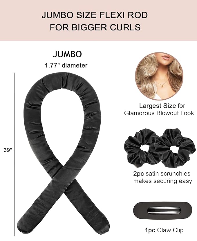 Jumbo Heatless Curls Overnight Hair Curler to Sleep In Soft Satin Large Hair Rollers Flexi Rods for Long Hair Blowout Look Big Curl, No Heat Overnight Curls, Heatless Curling Rod Set with Claw Clip