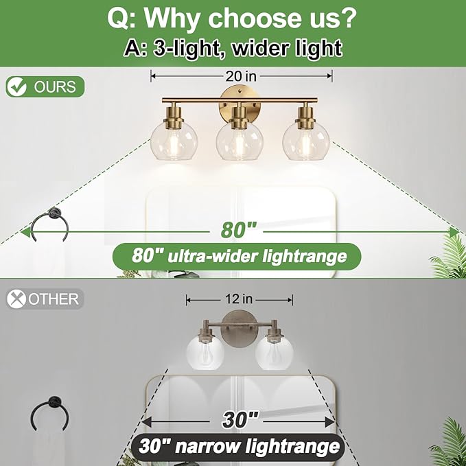 3-Light Bathroom Light Fixtures, Brushed Brass Bathroom Lights Over Mirror with Clear Glass Globe Shade, Vanity Lights for Bathroom Kitchen Living Room Hallway Cabinet Bedroom Porch