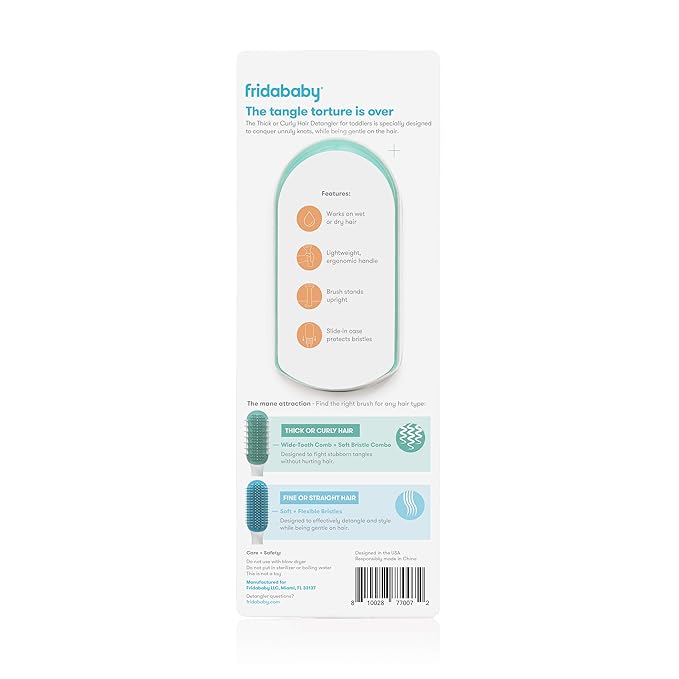 Frida Baby Detangling Hairbrush for Thick or Curly Hair, Toddler Hairbrush, Detangler Brush for Kids, Wide-Tooth Comb & Bristle Combo, Loosens Knots Without Tears or Breakage, Wet or Dry Use, Teal