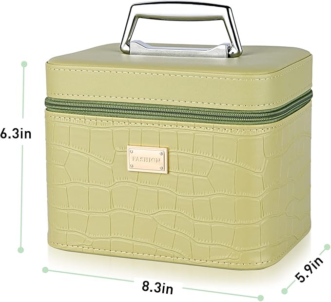 Fashion makeup box, Portable leather hard cosmetic case with mirror, Professional train case make up box for women adults. (Green)