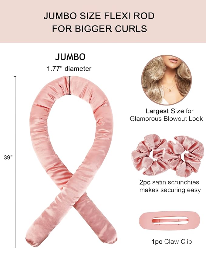 Jumbo Heatless Curls Overnight Hair Curlers to Sleep In Large Hair Rollers for Long Hair Blowout Look No Heat Overnight Curls, Soft Satin Flexi Rods Heatless Curling Rod Set Styling Tools for Women