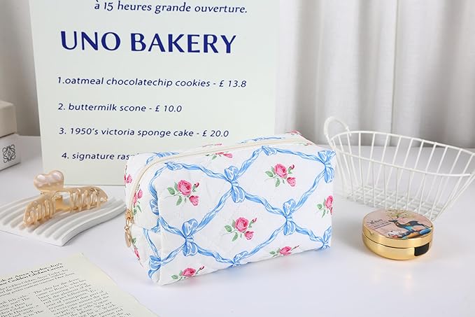 Floral Quilted Cotton Makeup Bag for Women, Large Capacity Travel Cosmetic Pouch with Zipper, Cute Toiletry & Brush Organizer, Kawaii Makeup Storage Case – Blue Bow