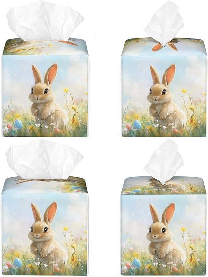 Buuny Tissue Box Cover Easter Leather Tissue Box Holder Square Facial Paper Organizer Dispenser for Bathroom Kitchen Bedroom Vanity Countertop Night Stands
