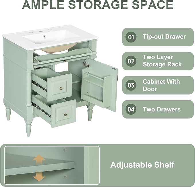 Harper & Bright Designs 30" Bathroom Vanity with Sink, Free Standing Bathroom Vanity Set with Flip Drawer, 2 Drawers, and Adjustable Shelf, Wood Storage Cabinet with Ceramic Basin for Bathroom, Green