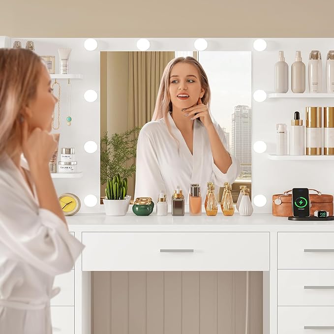 Quimoo Large Vanity Desk with Mirror and Lights, Makeup Vanity with 11 Drawers & 6 Open Shelves, 3 Color Modes & Adjustable Brightness, White Vanity for Girls