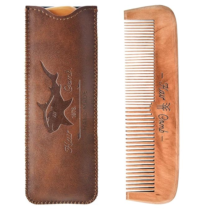Wooden Hair Combs for Men,Men's Wood Beard Comb with Leather Travel Case,Mens Combs for Hair,Kids Comb(brown shark)