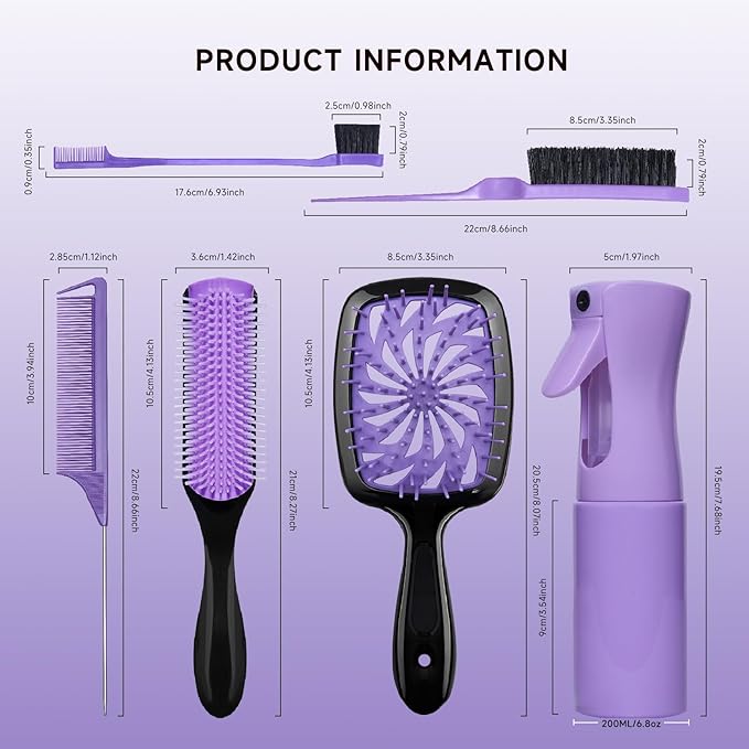 11 Pcs Hairbrush Set, Detangle Hair Brush And Spray Bottle, 3 Pieces Smooth Hairbrush For Toddlers, Suitable For Wet and Dry Hairstyles, Suitable For Adults And Children. (Purple)