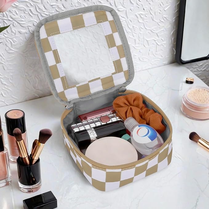 DOB SECHS Mini Checkered Bag for Purse 5.1'' x 5.1'' Small Makeup Bag for Car Cute Clear Cosmetic Bags with Zipper, Tiny Toiletry Bag Lipstick Organizer Pouch Travel Essentials Storage Pouch, Khaki