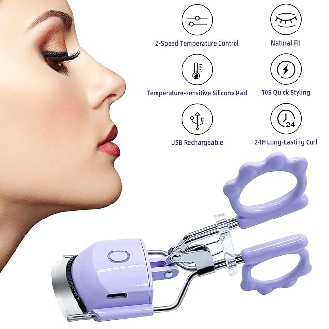 Pinkiou Heated Eyelash Curler - 10s Fast Preheating with Smart Temp Sensor, 24H Long Lasting Natural Curls, 2 Temp Modes Electric Lash Curler, USB-C Rechargeable Portable Eyelash Curler for Women