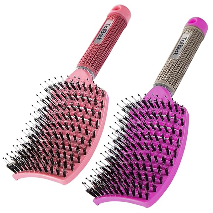 Boar Bristle Hair Brush Set - Dry/Wet Hair Brush Detangler for Fine, Thick, Curly Hair - Curved and Vented Brush for Women, Men or Kids (Rose Red & Apricot Pink)