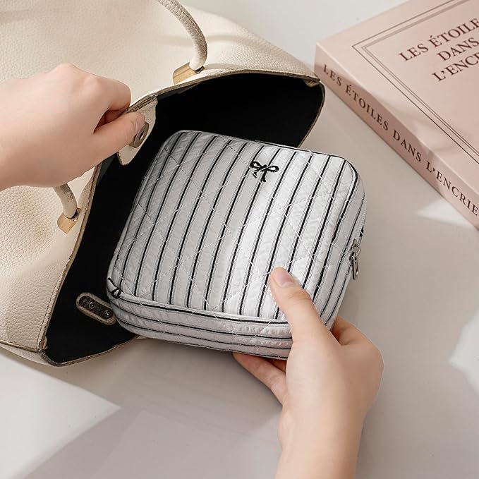 Small Quilted Striped Cosmetic Pouch for Purse, Mini Cotton Makeup Bag with Compartments, Cute Zipper Lipstick Holder for Women (24 Black Stripes)