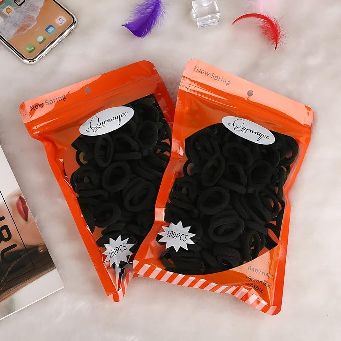 Black Seamless Hair Ties – Cotton Hair Bands – Tiny Elastics Ponytail Holders for Toddlers, 1 Inch in Diameter, Black, by Nspring