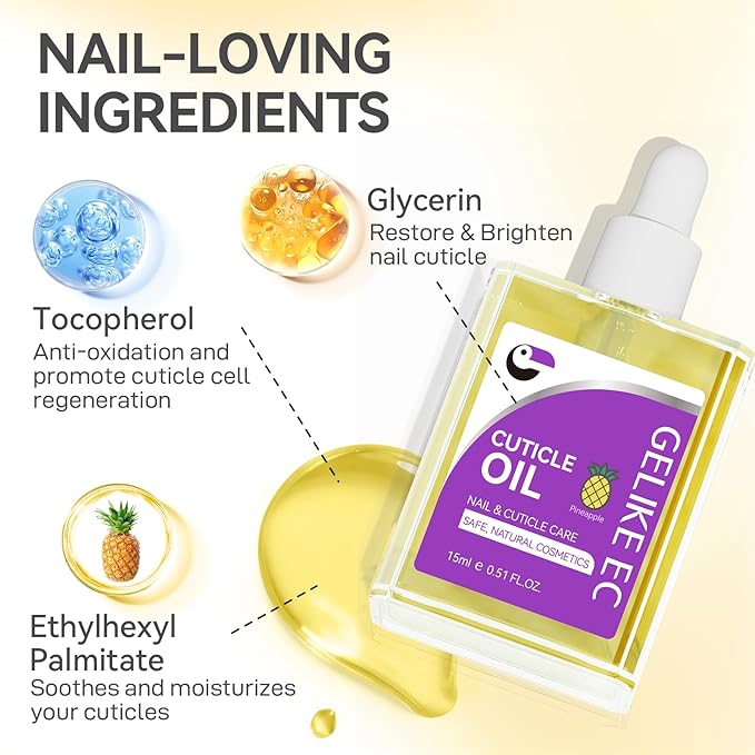 Nail Cuticle Oil for Moisturize and Repair - Gelike EC Easy and Quick Absorb Cuticles Care Treatment - Natural Pineapple Smells for Women and Men Dry Damaged Thin Nails