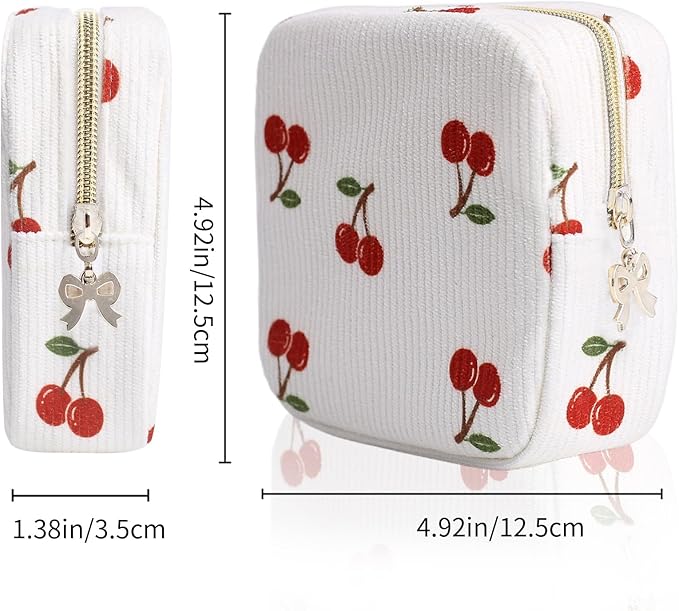 Period Bag for Women, Portable Corduroy Sanitary Napkin Storage Bag Cherry Period Pouch with Zipper, Sanitary Pads Bag Tampons Holder for Purse, First Period