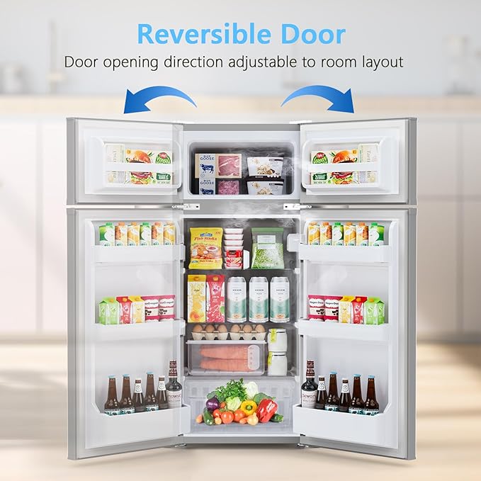 COWSAR 4.5 Cu.Ft Dorm Fridge With Freezer, 2-Door Compact Refrigerator With 2 Removable Shelves, 3 Level Adjustable Thermostat, Commercial Office Fridge for Bedroom, Kitchen, Apartment, Dorm, Grey