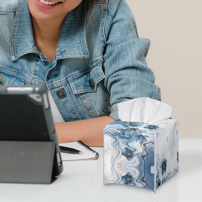 Blue Marble Flower Tissue Box Holder Waterproof PU Leather Square Modern Tissue Box Cover with Metal Button Napkin Holder for Home Office Car