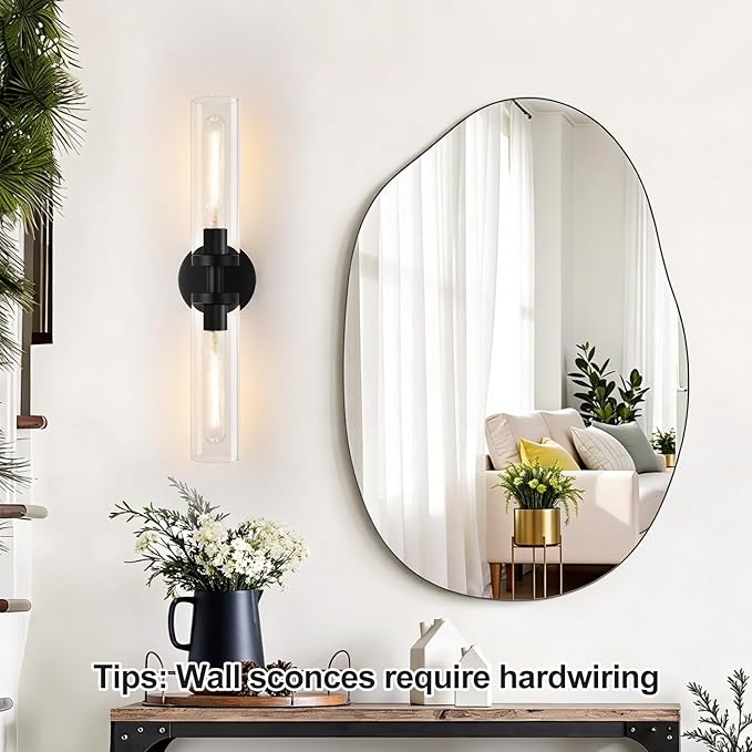 Matte Black Wall Sconces, Bathroom Sconces Wall Lighting with Clear Glass, Modern Sconces Wall Light fixtures for Bathroom Mirror Living Room Hallway Bedroom