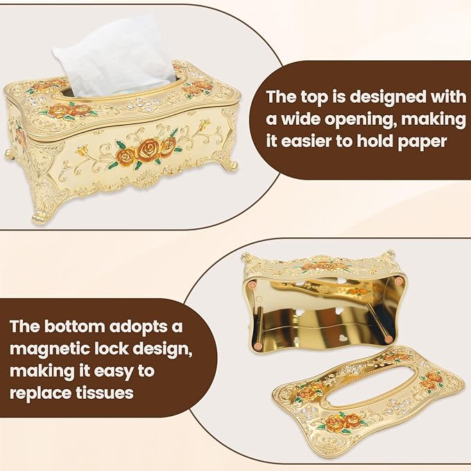 Geesatis Tissue Box Cover, Rectangle Tissue Box Holder, Rectangular Napkin Facial Tissues Holder for Bathroom Toilet Bedroom Living Room Table Desk Office Dresser, 1 Pcs Golden 9.05''x4.93''x3.74''