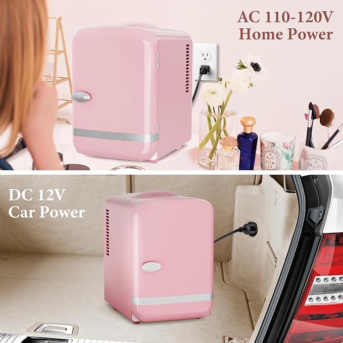 Xbeauty Retro Mini Fridge, Compact Refrigerator with 4L Capacity/6 Cans，Cooler & Warmer, Removable Shelf for Skincare, Beverages, Cosmetics, Perfect for Dorm, Bedroom, Pink