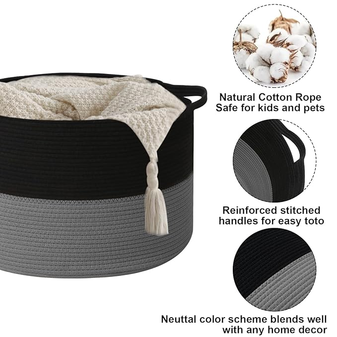 65L Large Blanket Basket,19.7" L x 19.7" W x 13" H Rope Woven Baskets with Handles, Toys Storage Bins,Laundry Basket Perfect for Living Room, Nursery,Bedroom,Home Organization,Black&Dark Grey