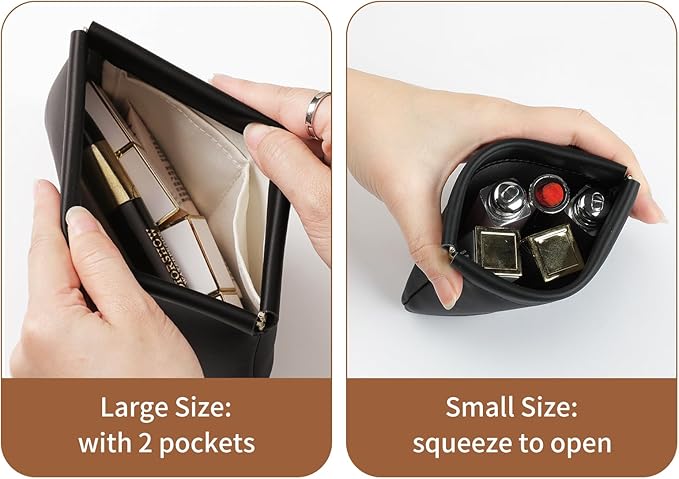 2 Pack Small Makeup Bag for Women, New Organosilicon Super Fiber PU Leather Mini Cosmetic Bag for Travel, Coin Purse Organizer Storage Pouch (Printed with Phrase, Black)