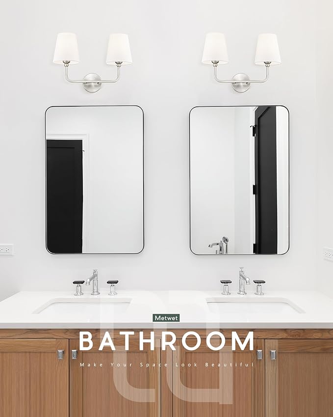 2-Light Bathroom Light Fixtures, Brushed Nickel Vanity Lights, Double Wall Sconce with Flared White Fabric Shade, Modern Sconces Wall Lighting for Hallway Bedroom Stairway, VL837-BN-2