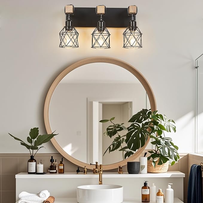 3-Light Farmhouse Bathroom Vanity Light with Wood & Matte Black Metal, Wall Sconce for Mirror, Bedroom, Hallway