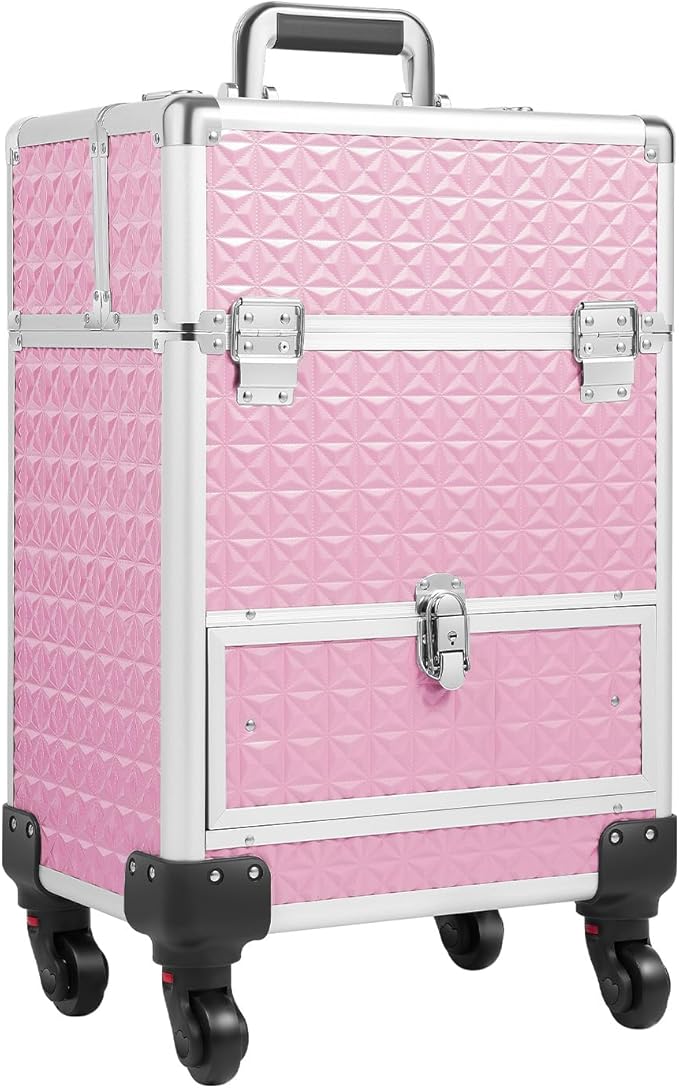 Rolling Makeup Case, Aluminum Cosmetic Train Cases with Drawer Rolling Makeup Cart Cosmetic Organizer 3 Tier Travel Case Salon Barber Case for Makeup Tattooist Nail Tech Hairstylists