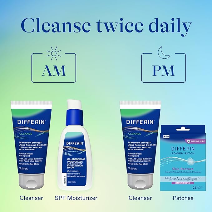 Differin Acne Face Wash with 10% Benzoyl Peroxide, Maximum Strength OTC Acne Foaming Cleanser, Fast Acting Acne Treatment for Face and Body, 5 oz.
