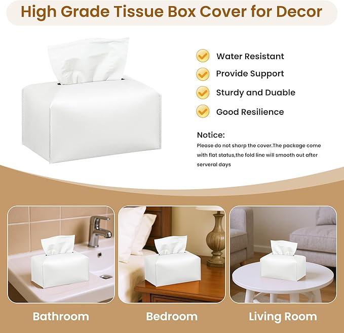 Long Tissue Box Cover, PU Leather Tissue Holder Rectangle, Facial Paper Organizer, Modern Dispenser for Bathroom, Kitchen, Home, Office, Tabletop (1, White, Short)