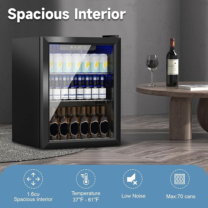 Stopasd Beverage Refrigerator Cooler, 1.7 Cu.Ft/70 Can Drink Fridge with Adjustable Shelves & Clear View Door Soda Wine Beer, Quiet Undercounter Small Fridge for Home/Office/Bar/Garage(40-61 ℉), Black
