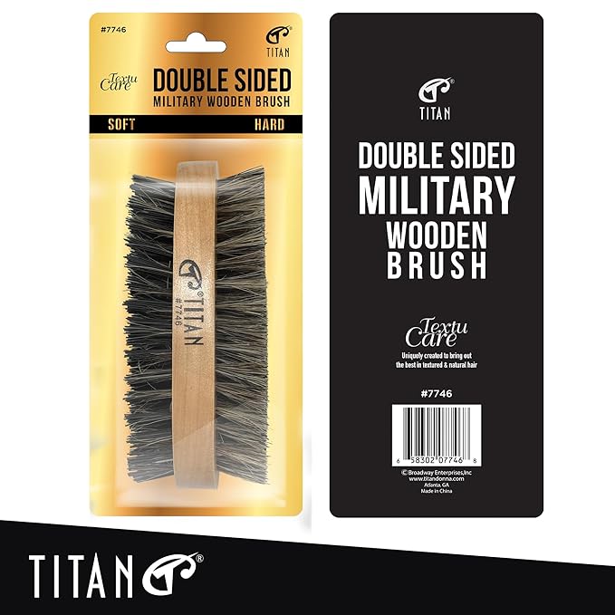 TITAN Double Sided Military Hair Brush – Soft & Hard Boar Bristle Wave Brush for Men – Dual-Sided Palm Brush with Wooden Handle for 360 Waves, Beard, and Hair Grooming