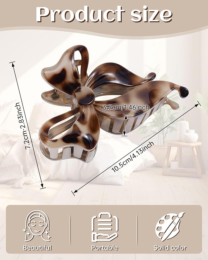 Mesovor 4 pack Cute Bow Claw Clip for Women, Nonslip Large Matte Strong Hold Bows Hair Clips for Thin and Thick Hair | Chic Hair Styling Accessories (Tortoise Polished)