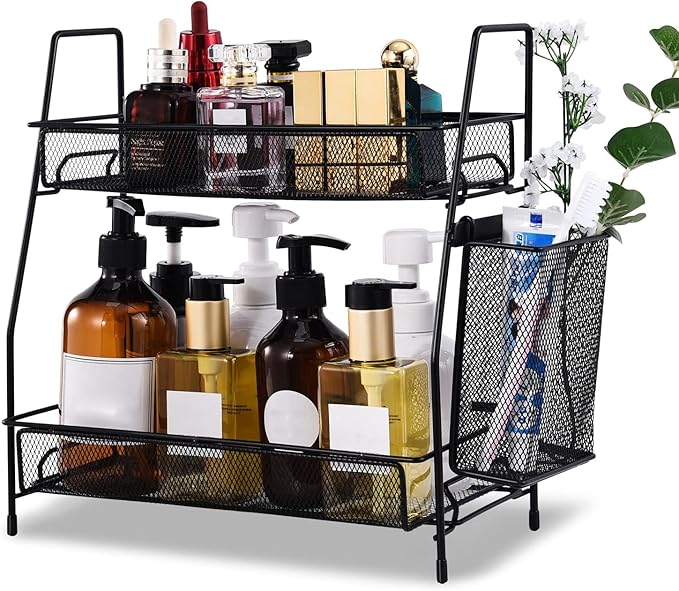 LEMIKKLE 2-Tier Bathroom Countertop Organizer,Skincare, Makeup Countertop Organizers, Kitchen, Bathroom Counter Storage with Small Basket (Black)