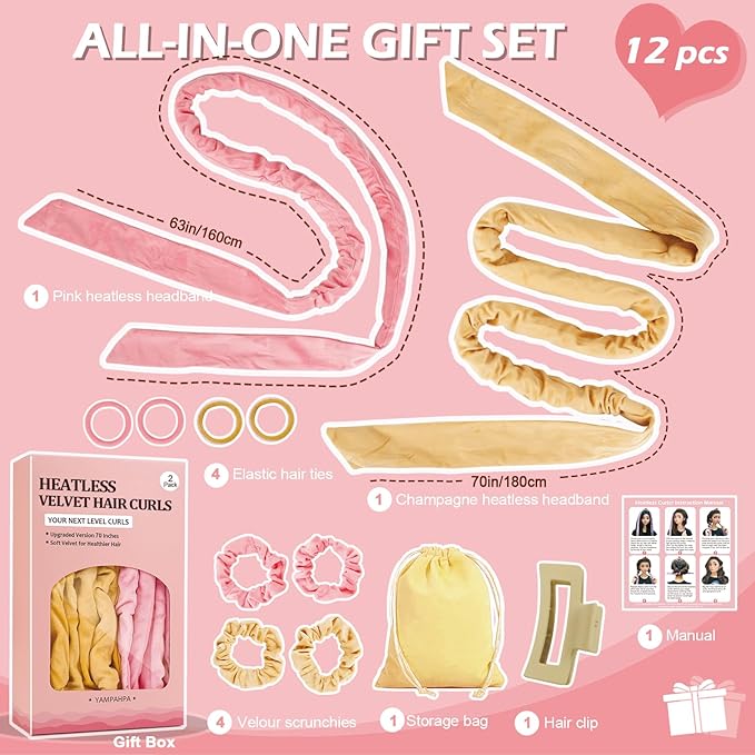 Heatless Curls Overnight Headband, 70'' No Heat Hair Curlers for Medium Long Hair, Champagne Pink