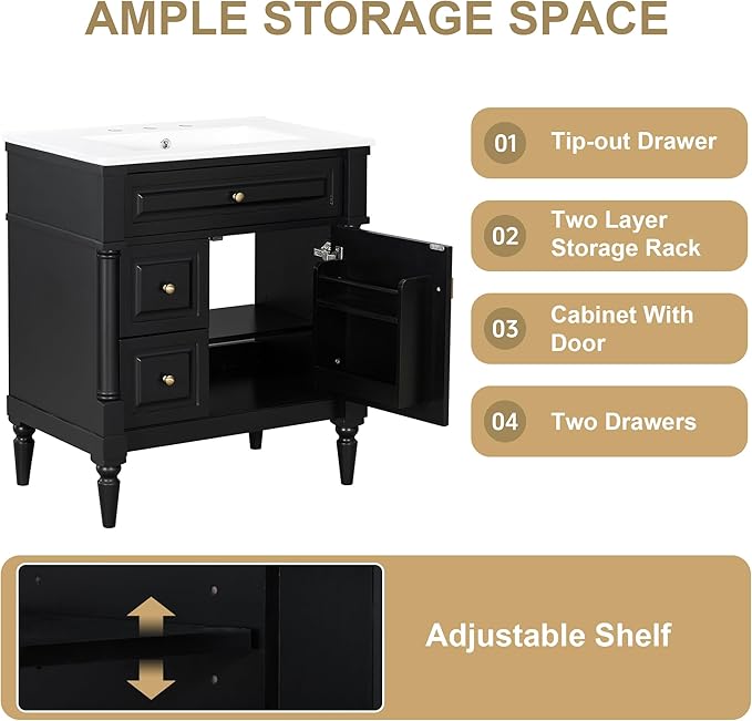 Harper & Bright Designs 30" Bathroom Vanity with Sink, Free Standing Bathroom Vanity Set with Flip Drawer, 2 Drawers, and Adjustable Shelf, Wood Storage Cabinet with Ceramic Basin for Bathroom, Black